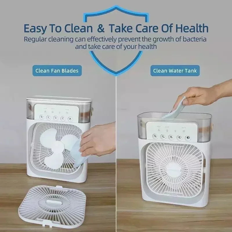 Transform Your Environment with Our Versatile 3-in-1 Mini Air Cooler: Fan, Humidifier, and LED Night Light