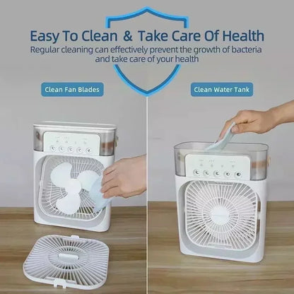 Transform Your Environment with Our Versatile 3-in-1 Mini Air Cooler: Fan, Humidifier, and LED Night Light